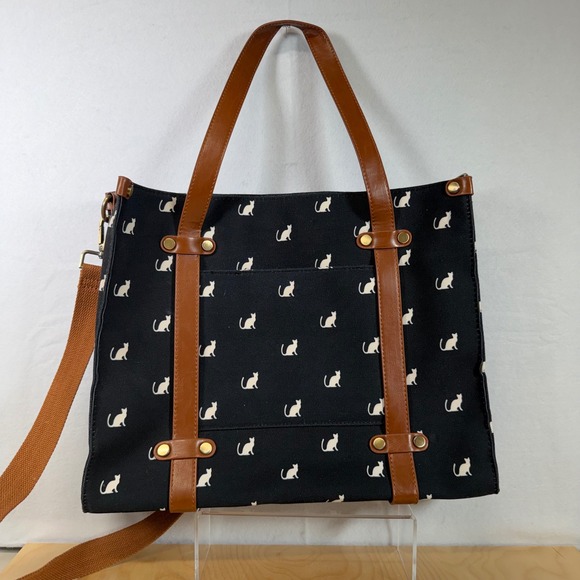 ModCloth Cat Print Tote Bag Purse Black Shoulder Bag with Strap - Picture 3 of 10